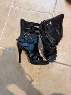 Black Patent Strappy High Heel Booties